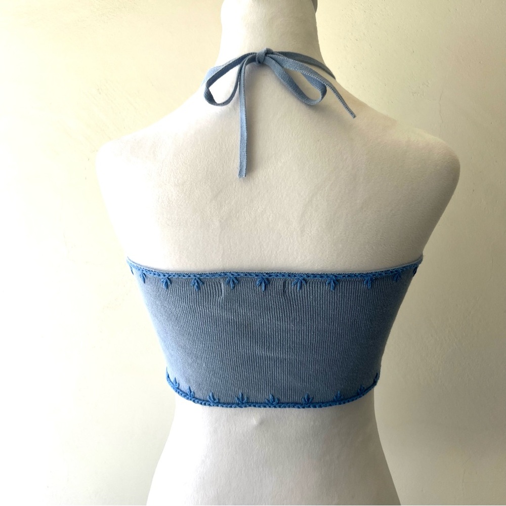 Embroidered Halter Top size S blue cropped silhouette back tie closure - Picture 9 of 10